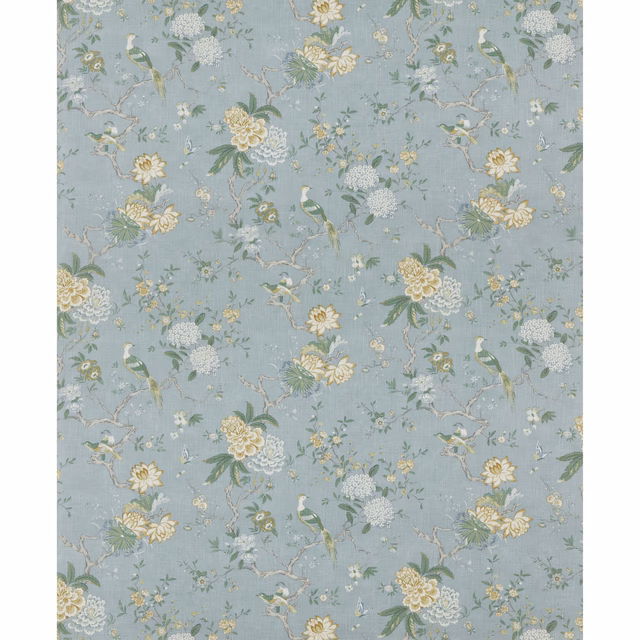 Soft blue fabric with sage leaves, ivory flowers, branching stems and perched birds