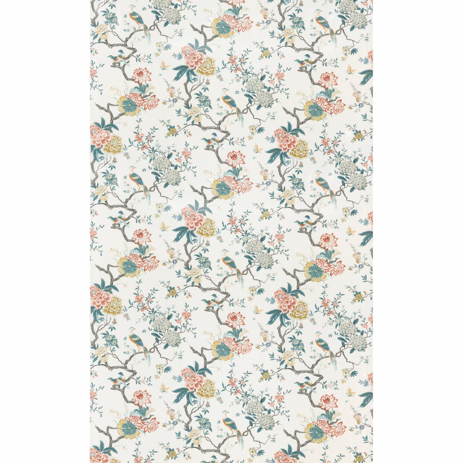 Cream textile with muted teal birds, branching florals, coral blooms and mustard accents