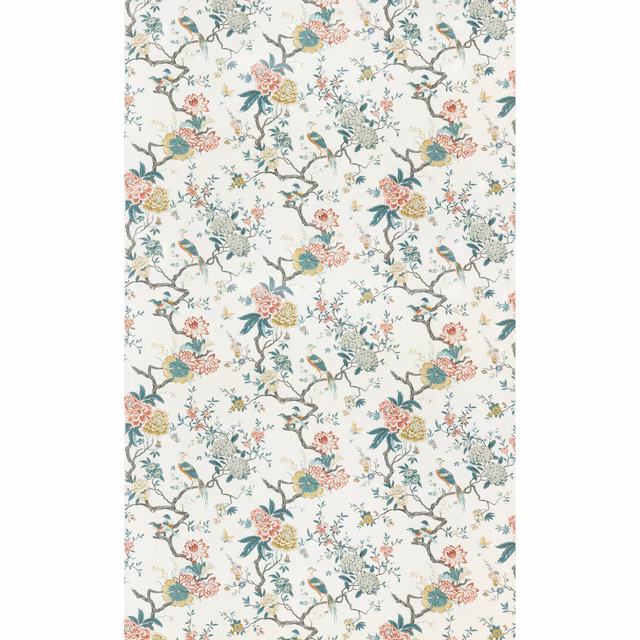 Cream textile with muted teal birds, branching florals, coral blooms and mustard accents