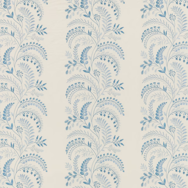 Soft blue scrolling botanical stems and leaves on a pale ivory fabric ground
