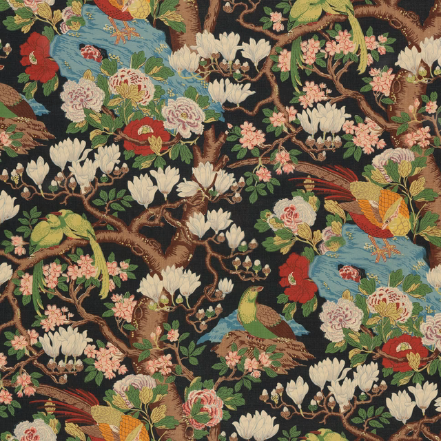 Deep indigo linen with colourful birds, magnolia blooms and winding flowering branches