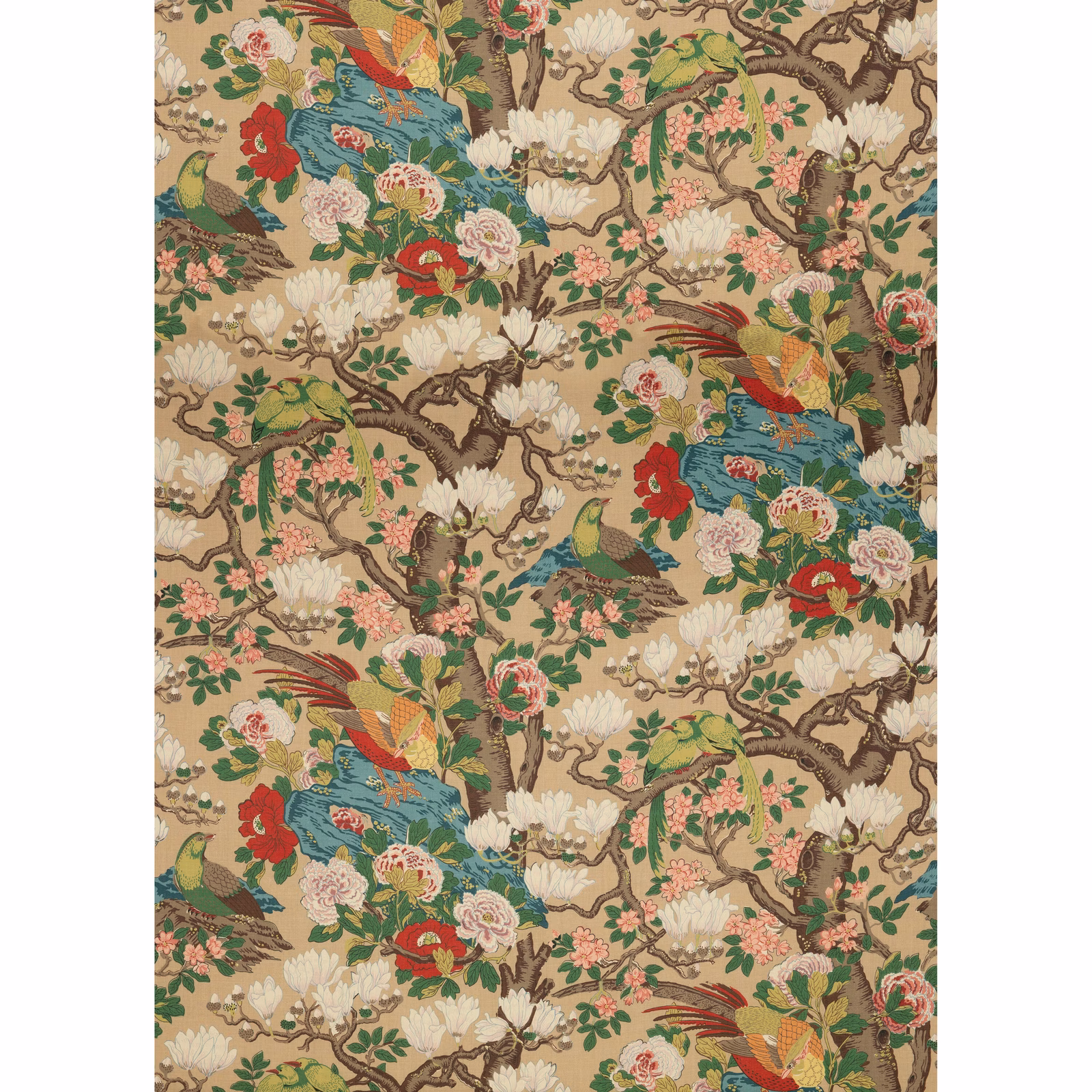 Warm beige linen with teal birds, red flowers, pale blooms and branching trees
