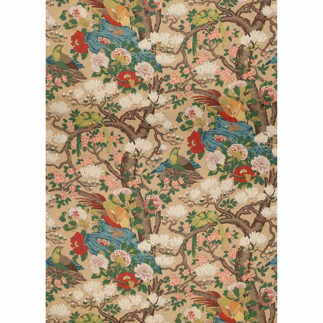 Warm beige linen with teal birds, red flowers, pale blooms and branching trees