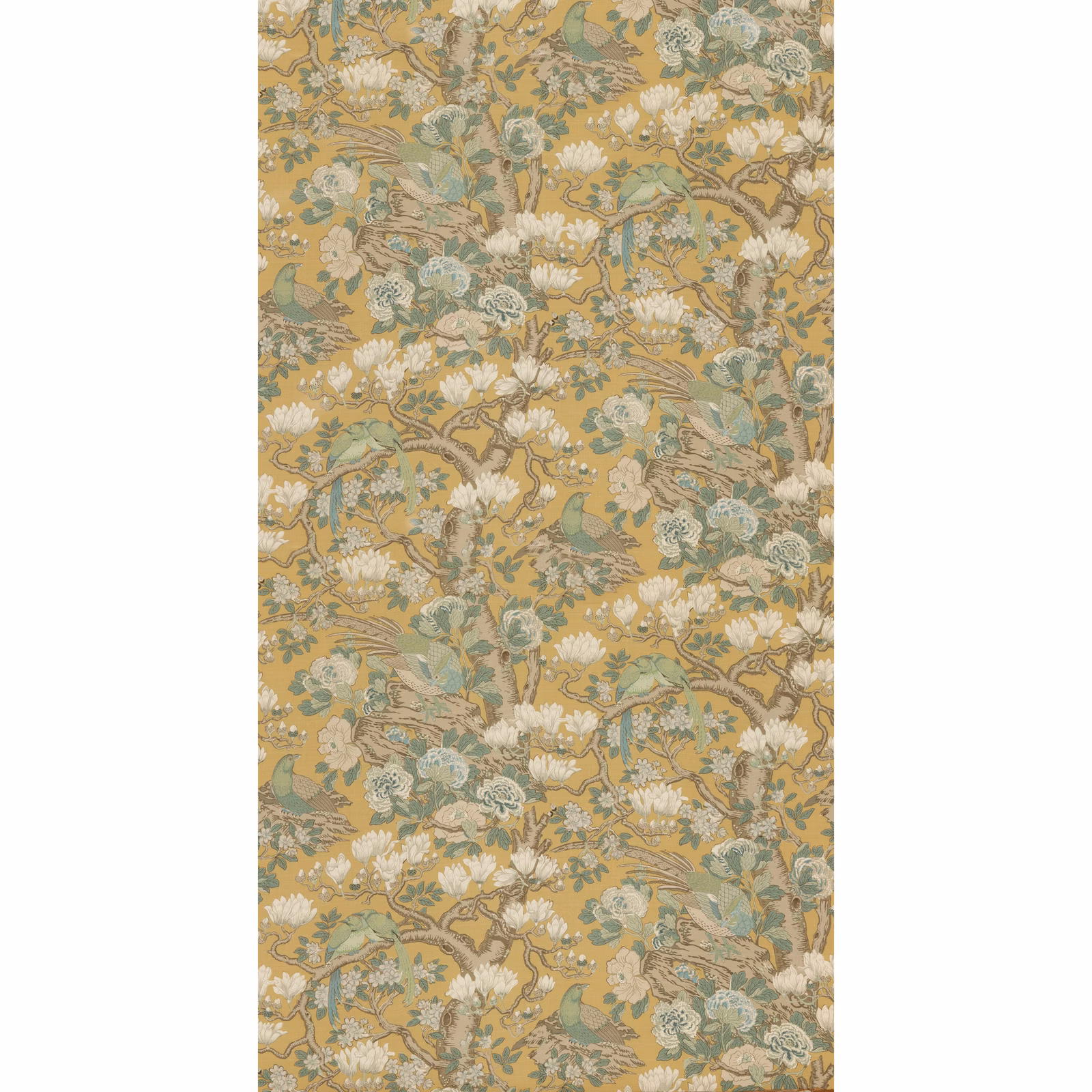 Warm ochre linen with sage foliage, cream blossoms and scrolling botanical branches