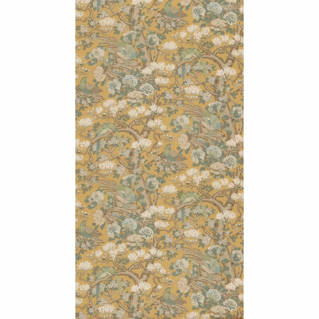 Warm ochre linen with sage foliage, cream blossoms and scrolling botanical branches
