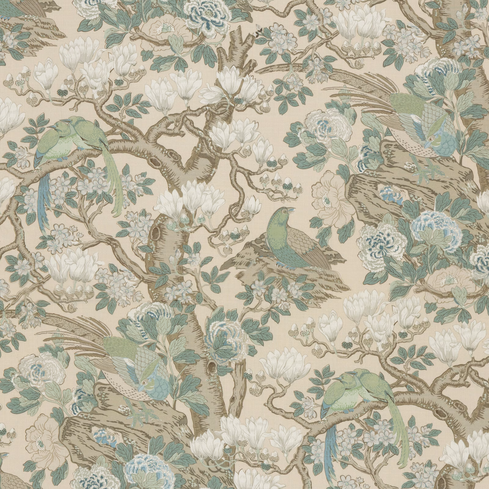 Soft blue and sage birds, blossoms and branching foliage on an ivory linen ground