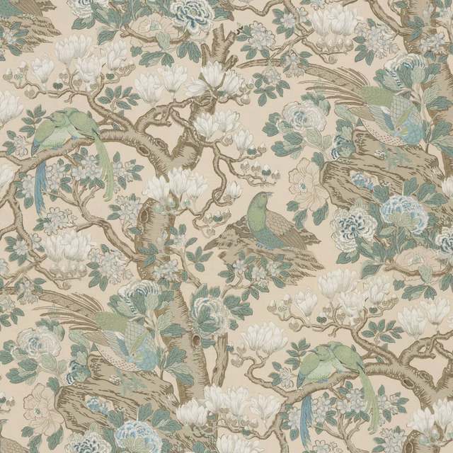 Soft blue and sage birds, blossoms and branching foliage on an ivory linen ground