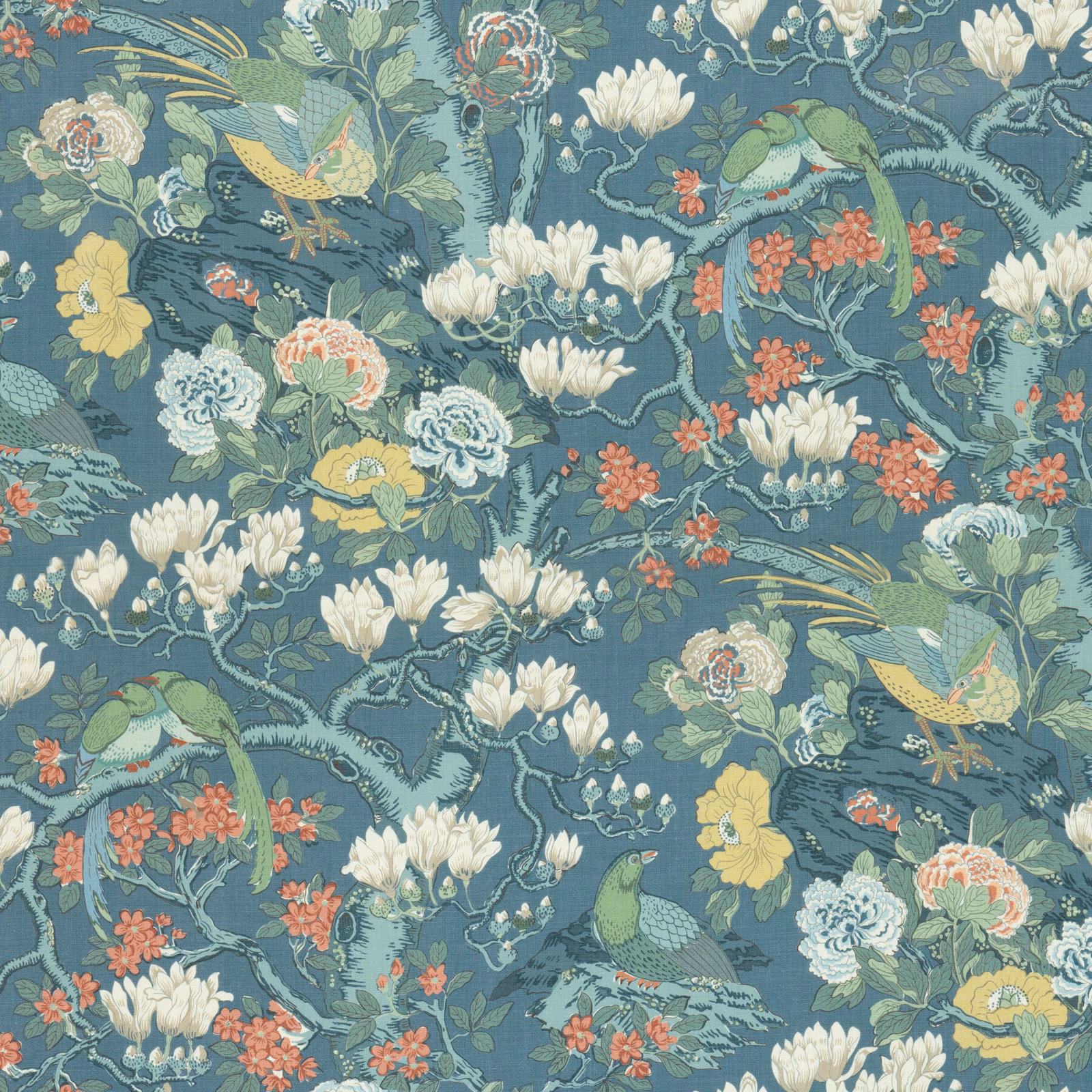 Blue-teal linen with cream flowers, coral blooms, foliage and perched birds