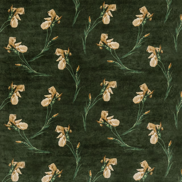 Dark emerald velvet with cream iris blooms and fine green leafy stems