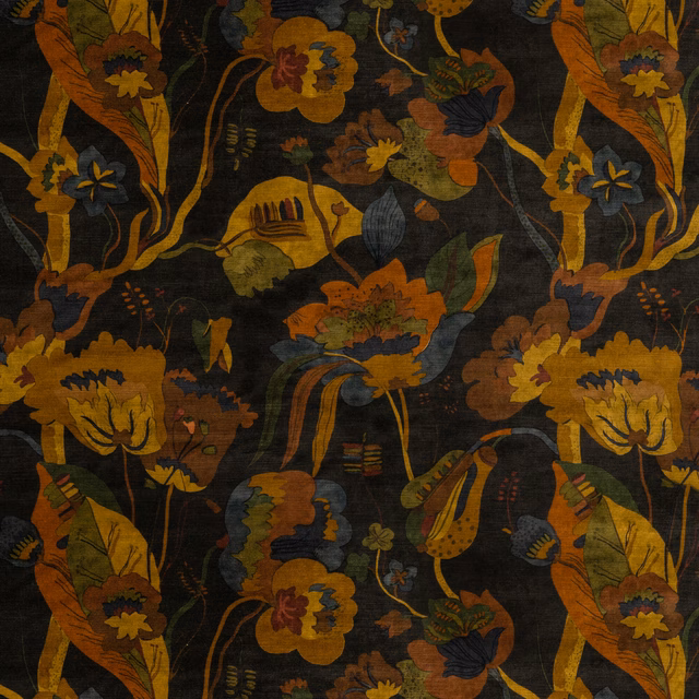 Charcoal velvet with ochre, rust and muted blue oversized botanical blooms