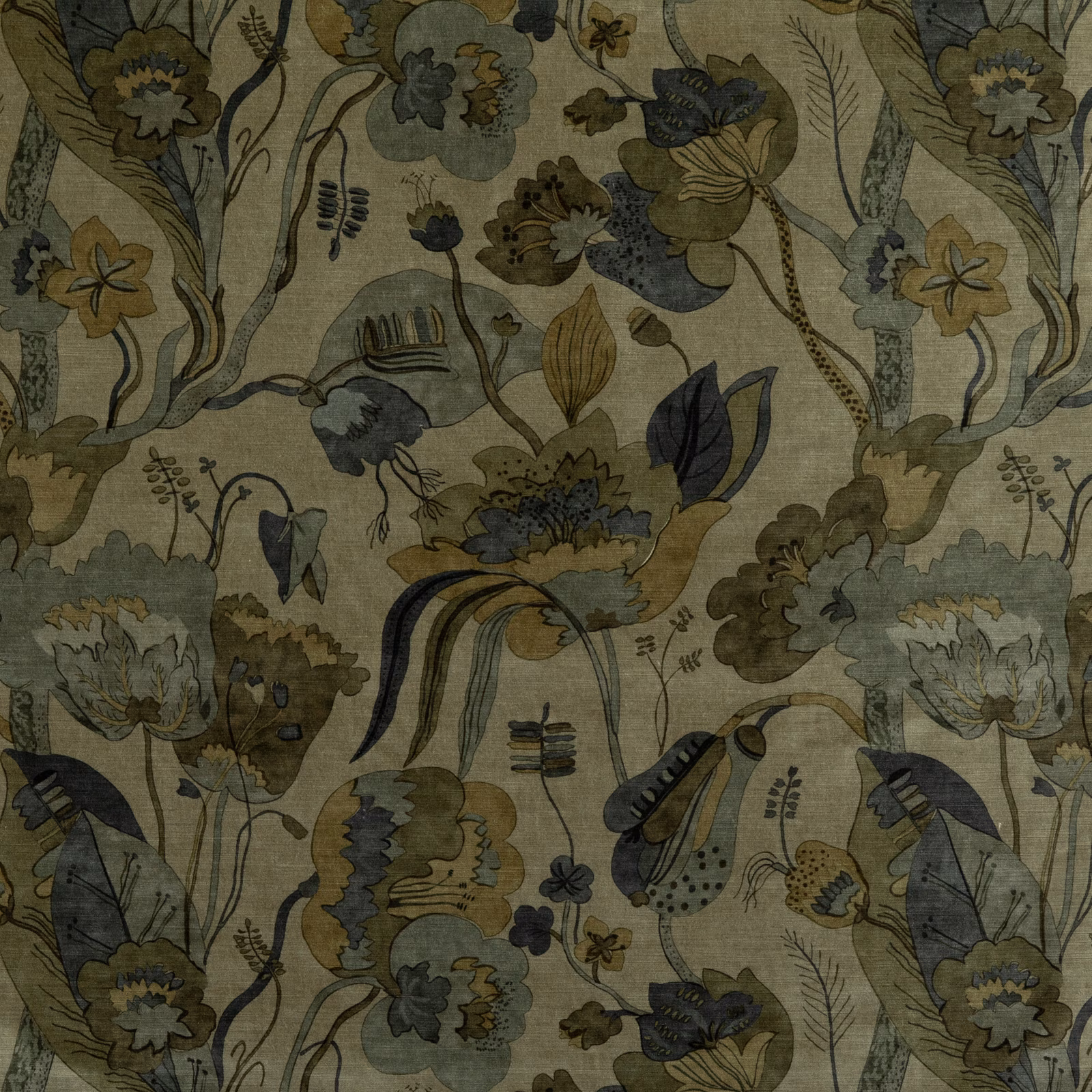 Muted denim and mole velvet with sprawling botanical flowers, leaves and curling stems