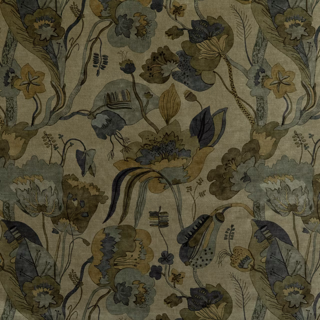 Muted denim and mole velvet with sprawling botanical flowers, leaves and curling stems
