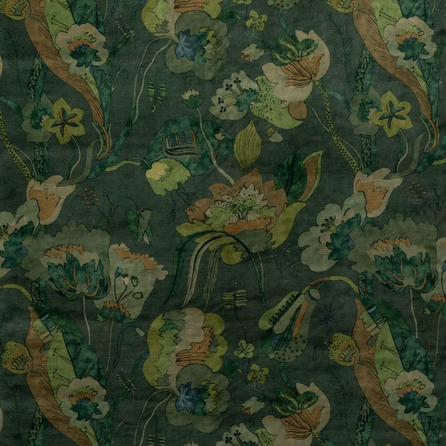 Deep emerald velvet with painterly botanical flowers, curling stems and leafy motifs