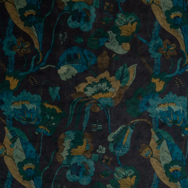 Indigo teal velvet with dense botanical flowers, leaves and ochre accents