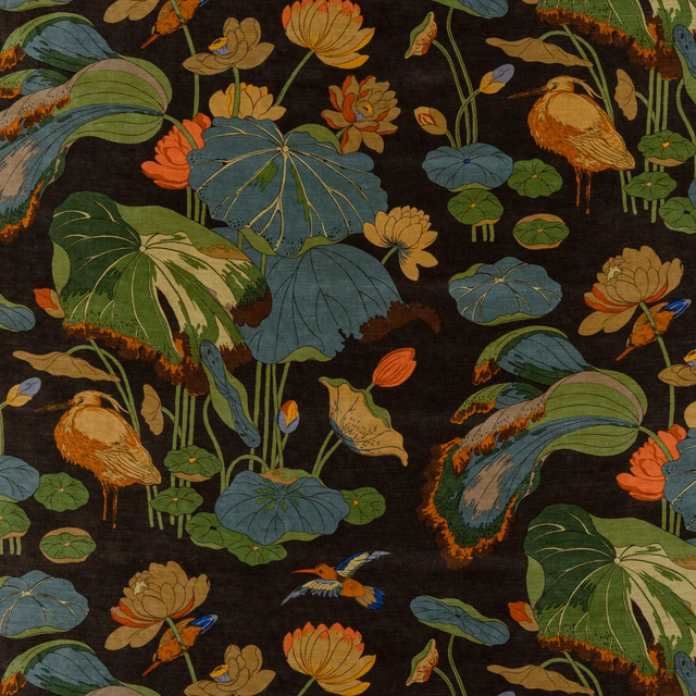 Charcoal velvet with lotus leaves, orange blooms and illustrated birds
