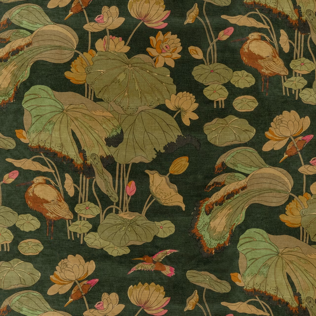 Deep emerald velvet with lotus leaves, water birds and ochre botanical flowers