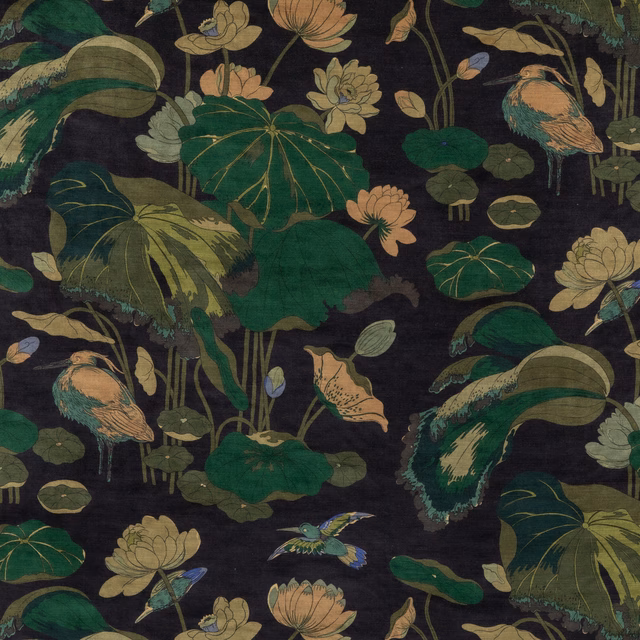 Dark indigo velvet with lotus flowers, broad leaves and perched birds
