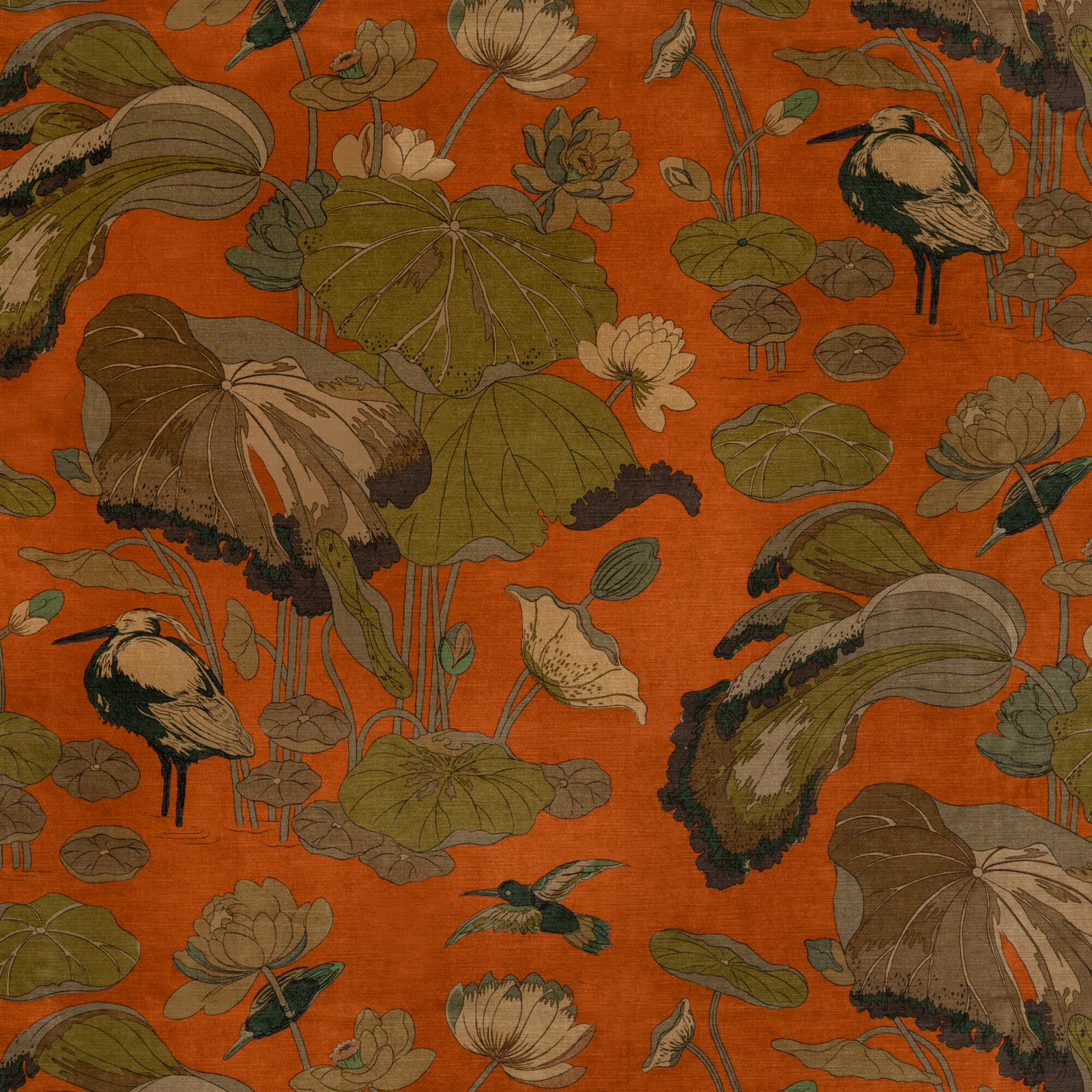 Burnt spice velvet with olive lily pads, cream flowers and perched birds
