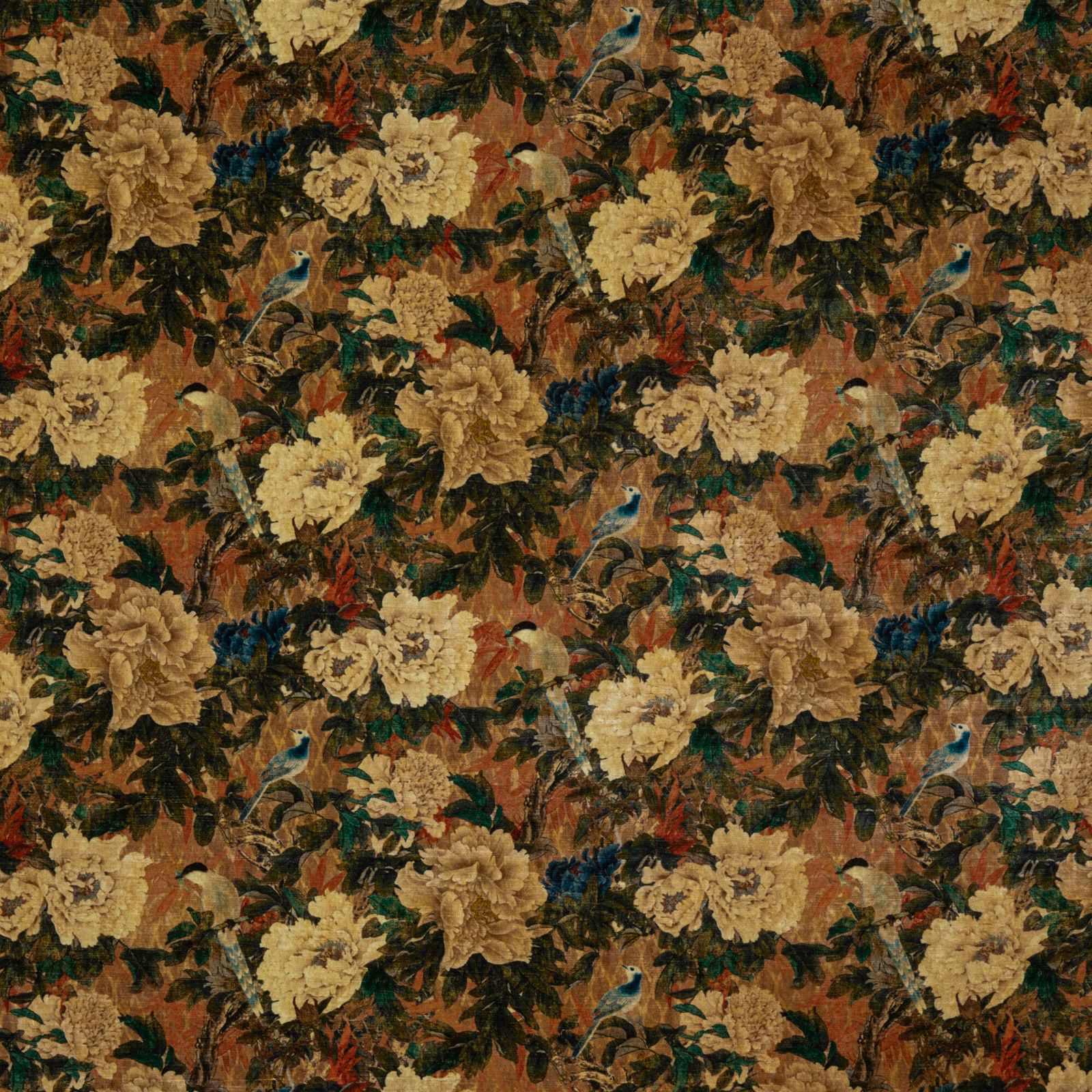 Dense moss-green velvet with cream peonies, rust foliage and small blue birds
