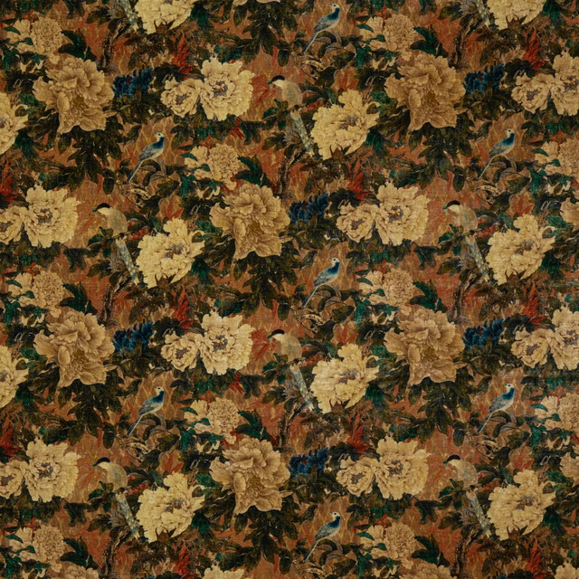 Dense moss-green velvet with cream peonies, rust foliage and small blue birds