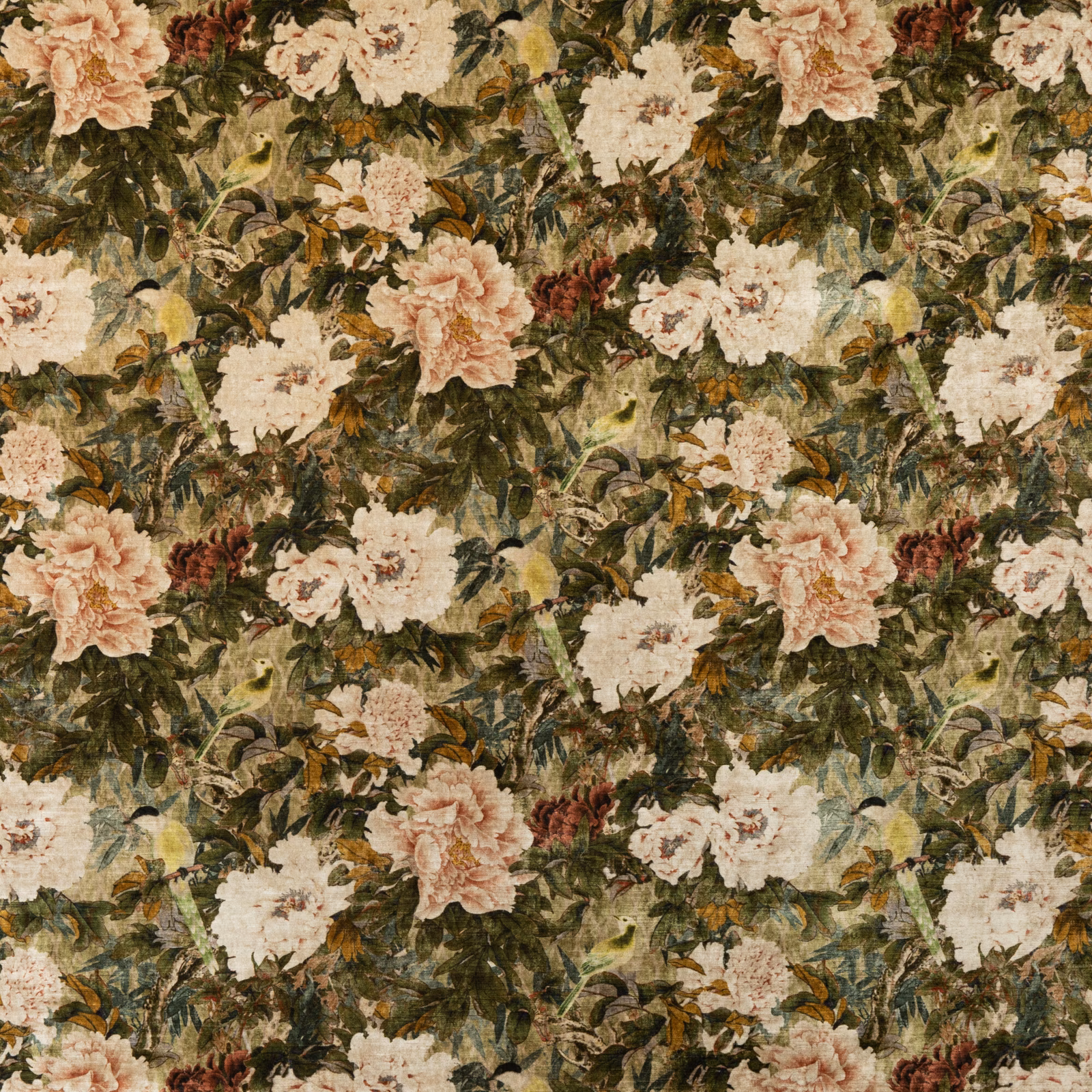 Moss olive velvet with blush peonies, ivory flowers and dense leafy foliage
