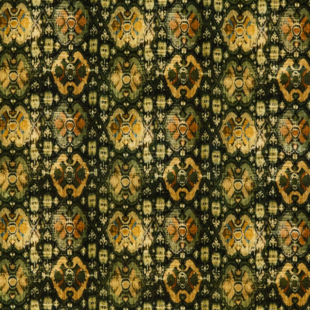 Emerald velvet with dense gold, rust and ivory ornamental geometric motifs