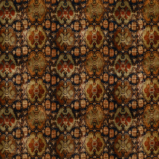 Rust sienna velvet with olive medallions, charcoal tracery and distressed woven texture
