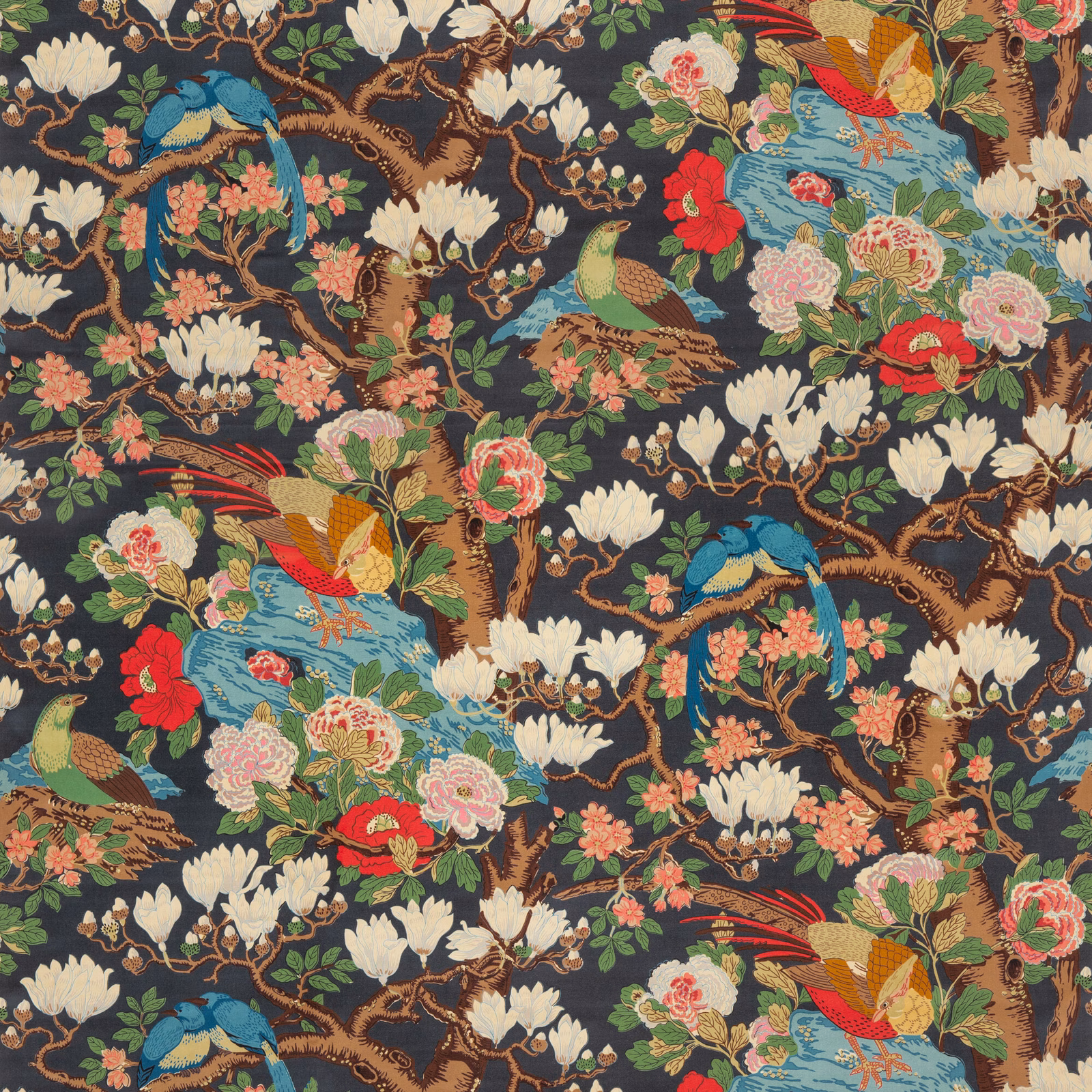 Dark indigo velvet with cream blossoms, colourful birds and flowering branches