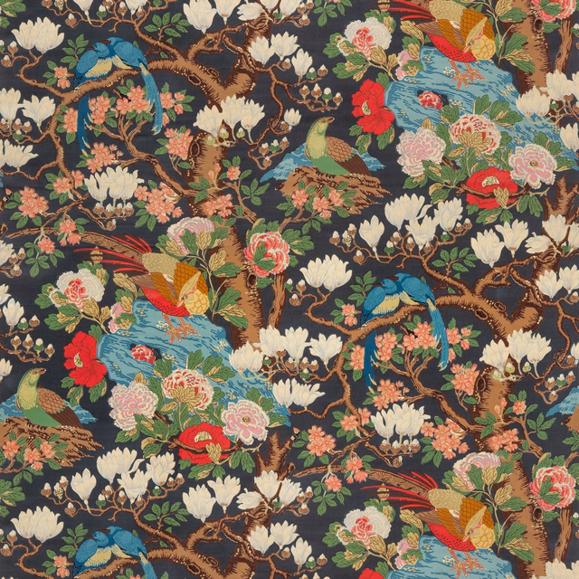 Dark indigo velvet with cream blossoms, colourful birds and flowering branches