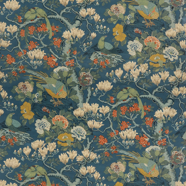 Deep teal velvet with cream blooms, coral flowers, birds and trailing botanical branches