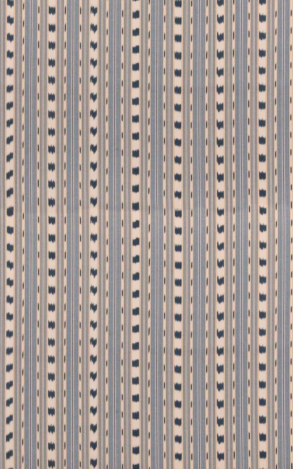 Pale beige cotton with narrow blue stripes and repeated dark blue leaf marks
