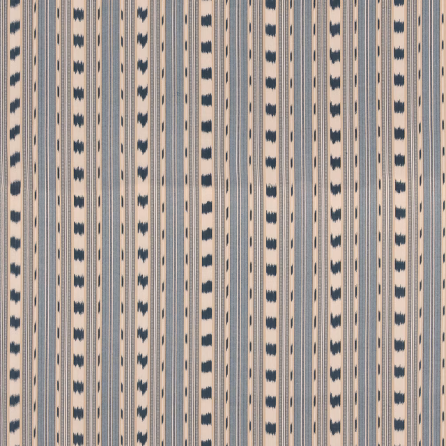 Pale beige cotton with narrow blue stripes and repeated dark blue leaf marks