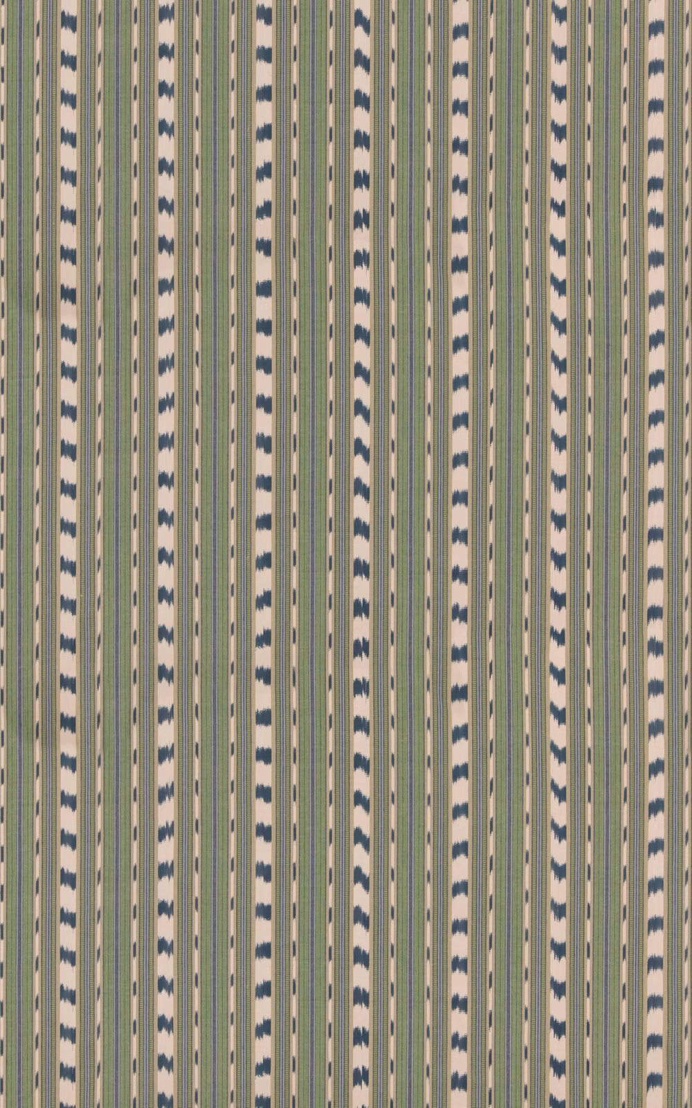 Basil green and indigo vertical stripe with cream bands and small woven motifs