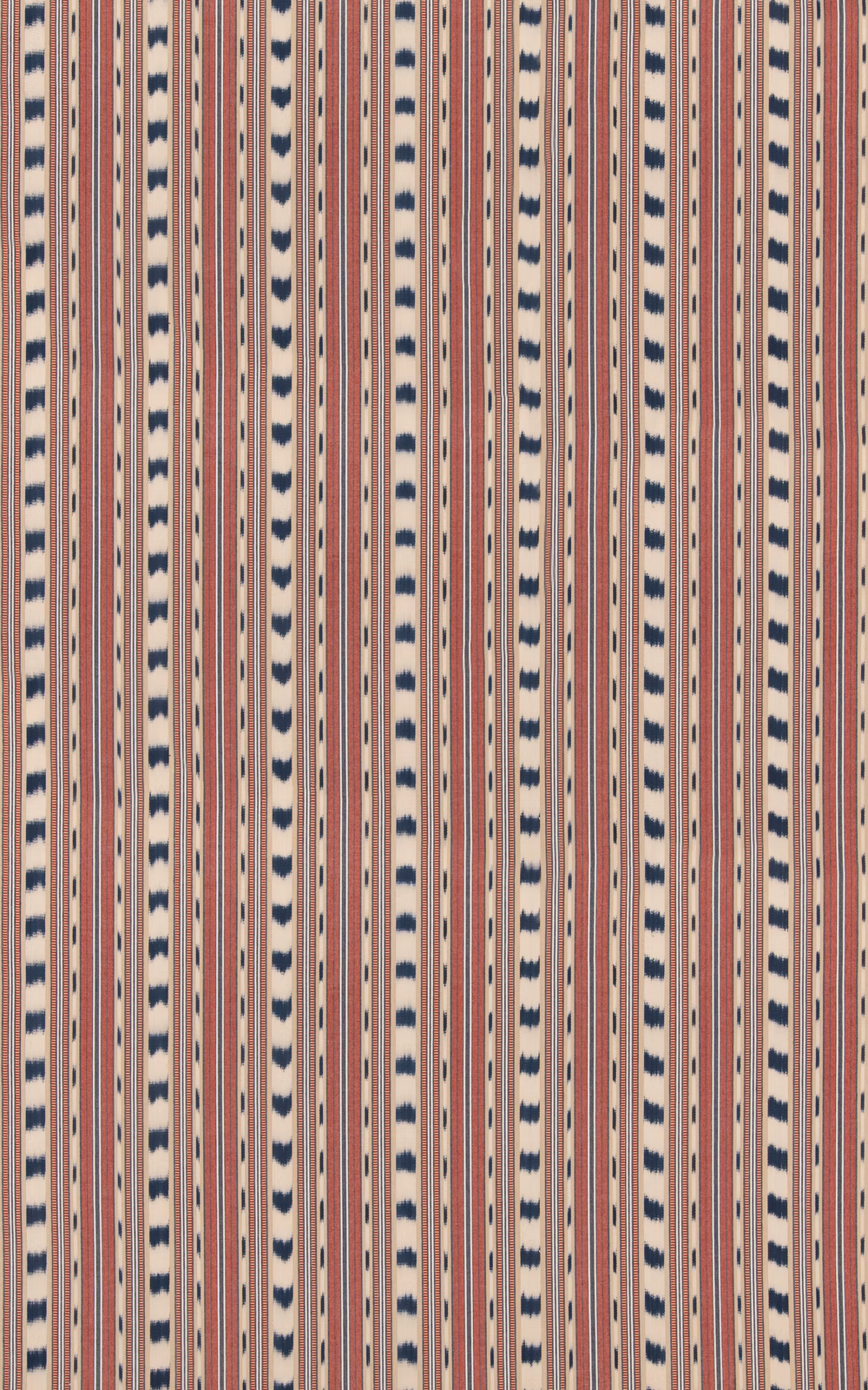 Brick-red and cream vertical stripes with repeating indigo woven marks
