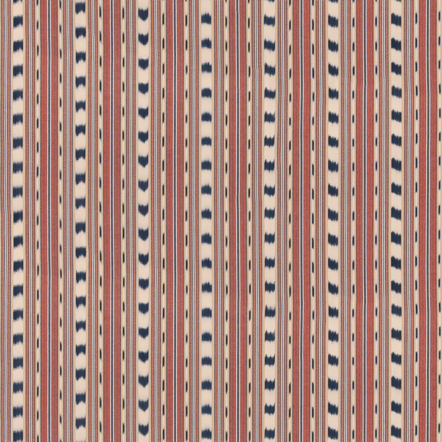 Brick-red and cream vertical stripes with repeating indigo woven marks