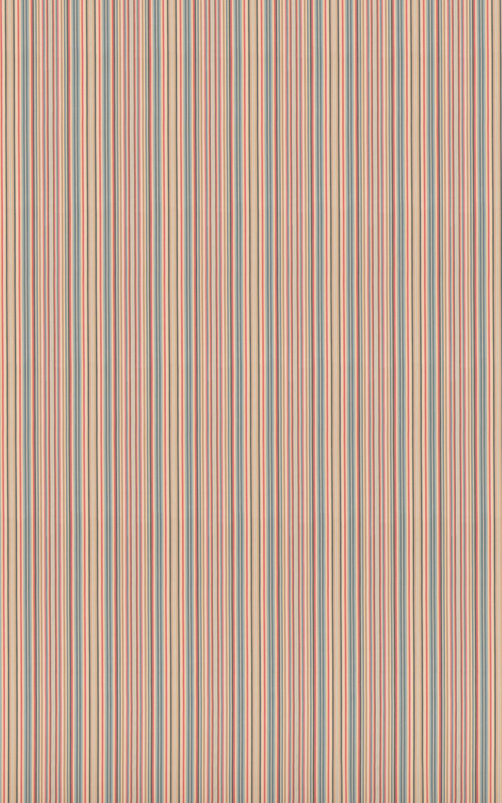 Fine teal, coral-red and pale neutral vertical stripes in woven cotton