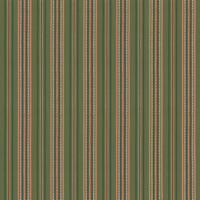 Muted forest-green and olive vertical stripes with fine tan dotted accents in a woven texture