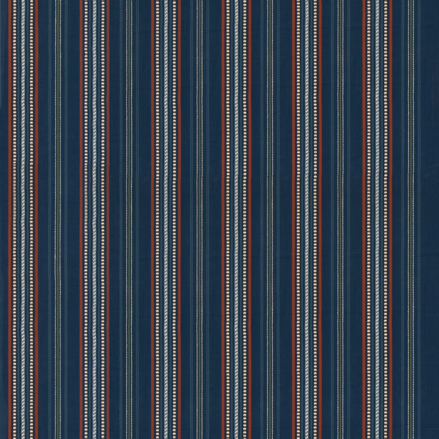 Deep indigo woven stripe with rust, teal and cream pinstripe details