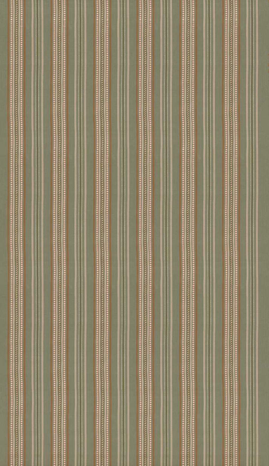 Muted leaf-green woven stripe with fine cream, tan and dotted vertical lines