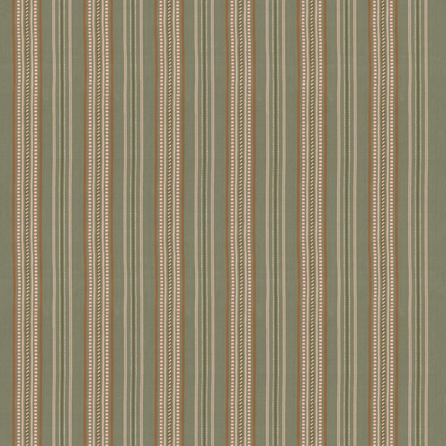 Muted leaf-green woven stripe with fine cream, tan and dotted vertical lines