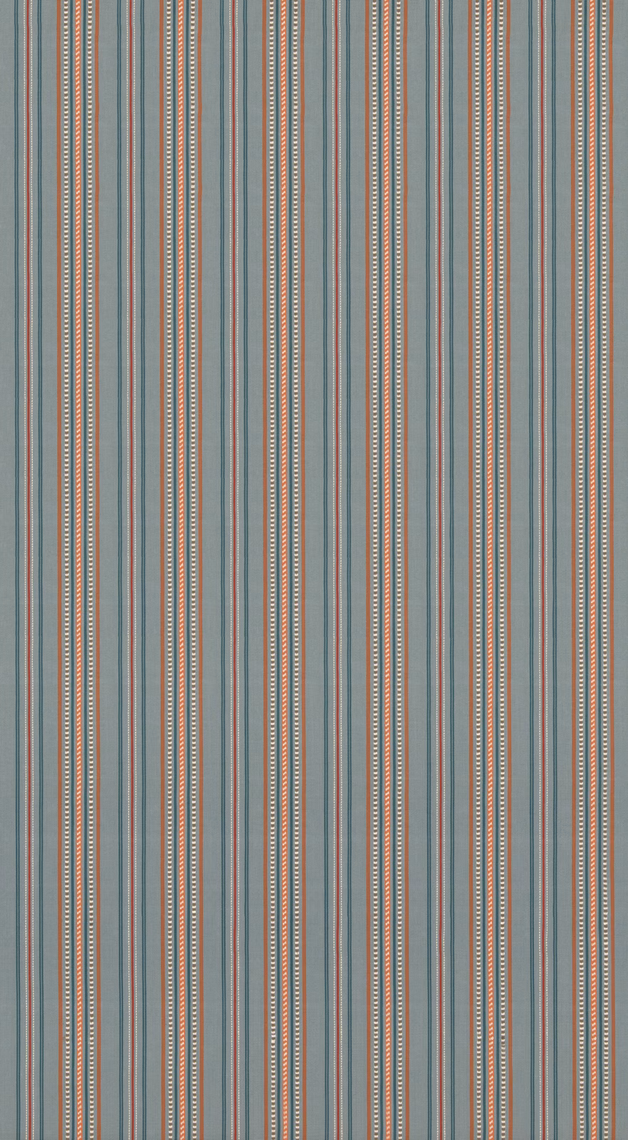 Muted teal vertical stripes with rust and cream pinlines, woven texture