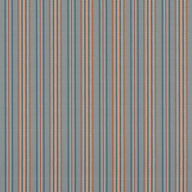 Muted teal vertical stripes with rust and cream pinlines, woven texture