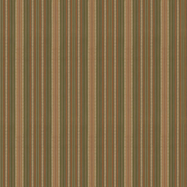 Olive green cotton with fine coral, beige and taupe vertical stripes