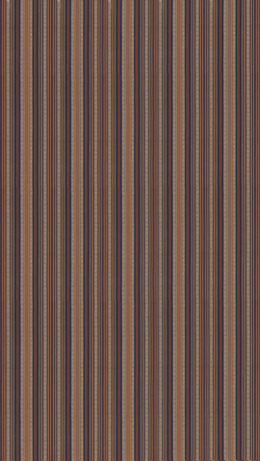 Close view of narrow indigo, brown, taupe and muted rust vertical woven stripes