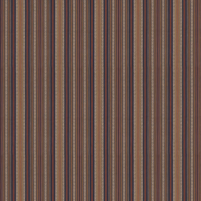 Close view of narrow indigo, brown, taupe and muted rust vertical woven stripes