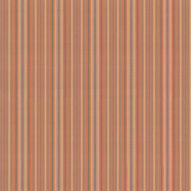 Muted soft-red cotton with fine terracotta, rose and charcoal vertical stripes