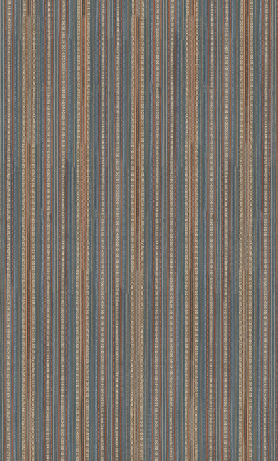 Close view of muted teal fabric with fine brown, taupe and blue-grey vertical stripes