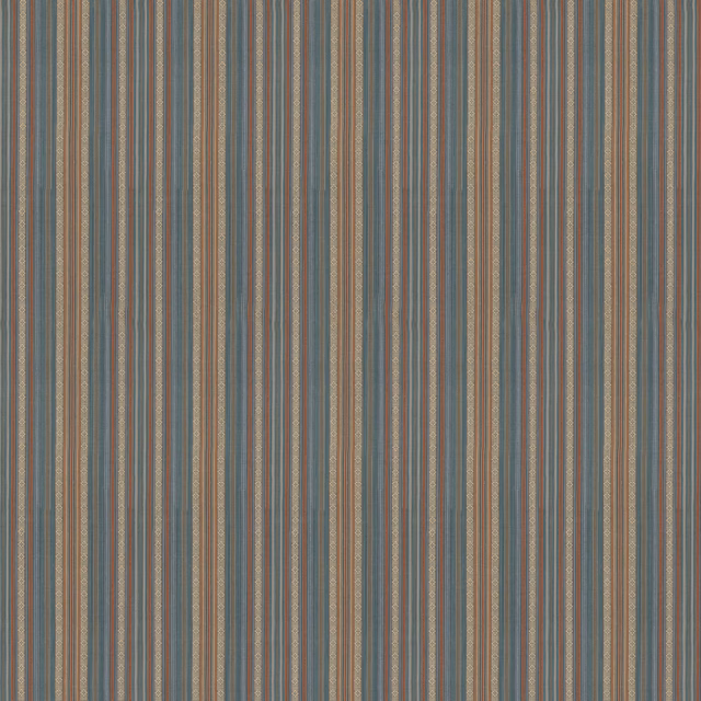 Close view of muted teal fabric with fine brown, taupe and blue-grey vertical stripes