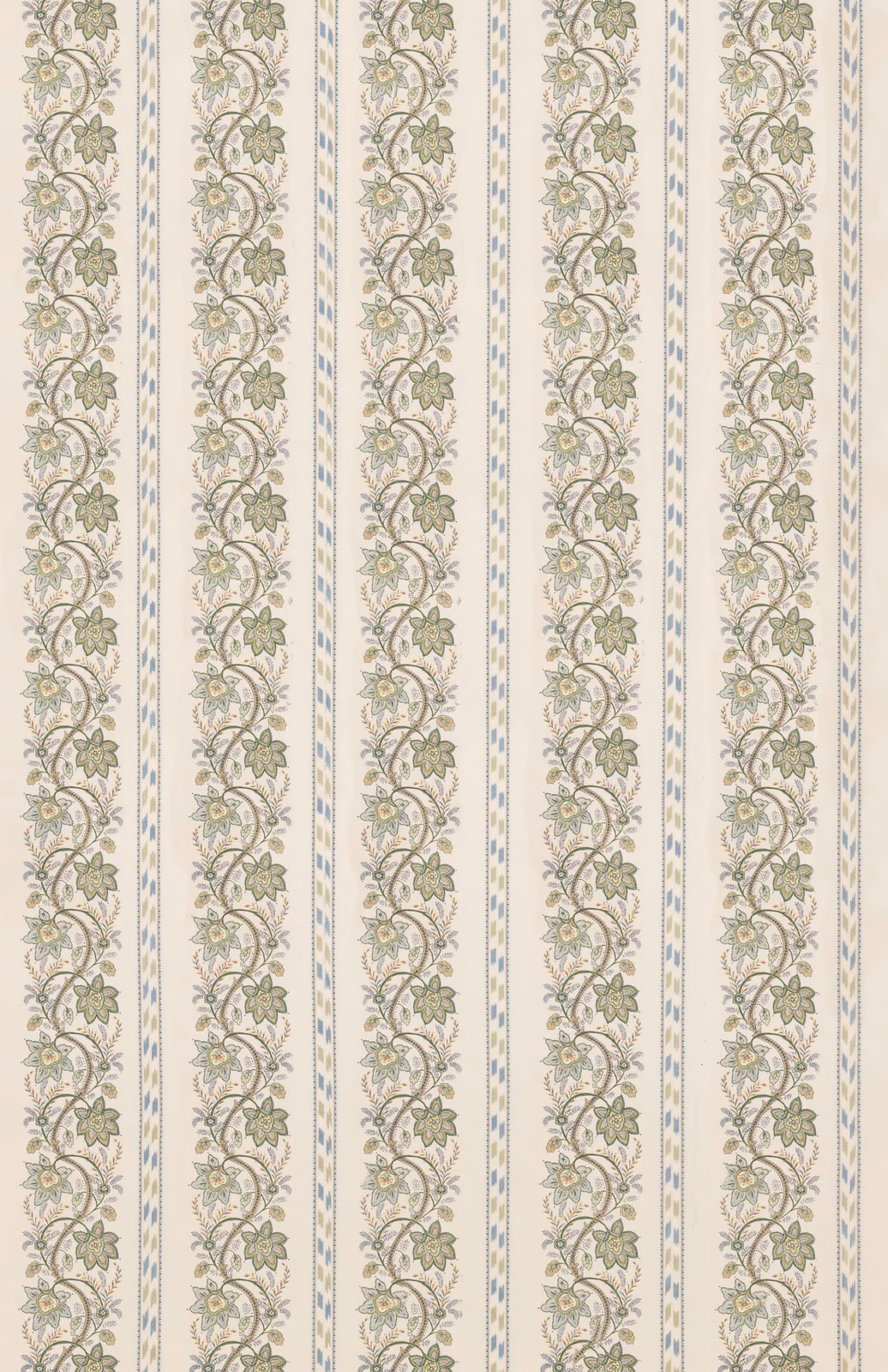 Cream ground with repeating olive foliage, blue vine accents, and narrow vertical stripes