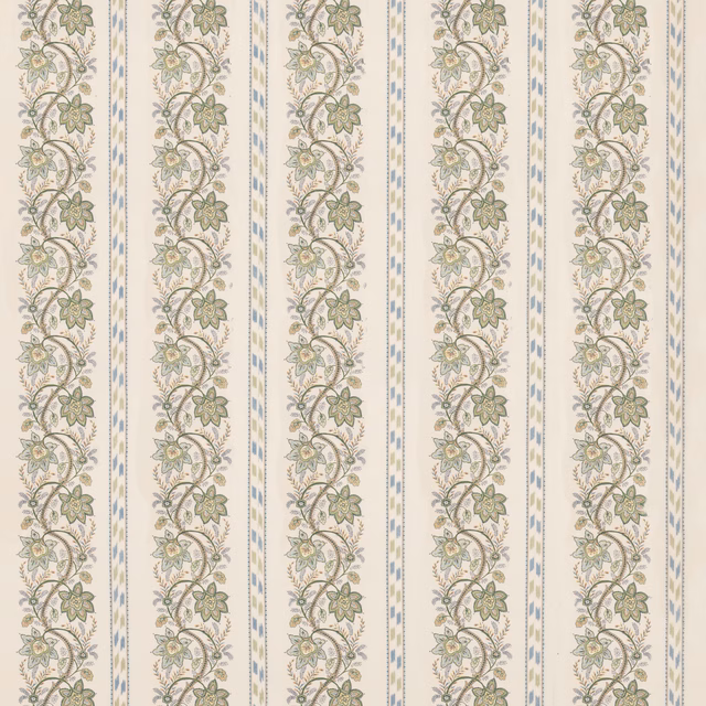 Cream ground with repeating olive foliage, blue vine accents, and narrow vertical stripes